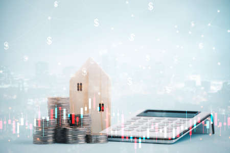 Coins stack in front of wooden home and arrow business, Save money concept, Property investment, house loan, reverse mortgage, gold coins money stack growth, saving money coins stack future for homeの写真素材