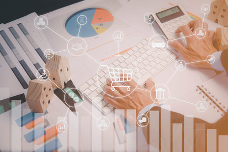 Concept financial transactions online, business holding pen write point at financial analyzing data...