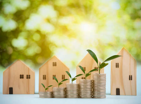 Coins stack and leaf with line graph business connect on nature background, Saving ideas and investment budget, Business saving money concept, Save money for prepare in the future.の写真素材