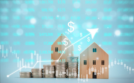 Wooden Home on coins stack in front a lot of coins, Save money concept, Property investment, house loan, reverse mortgage, gold coins money stack growth, saving money coins stack future for homeの写真素材