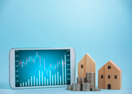 Saving Account home from Bank for Business Finance with pen, calculator and coin and rows of growth,...