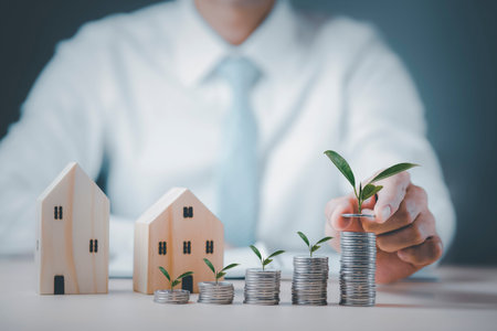 Hand hold Coins and pink piggy with icon business with Mini wood house model from model on wood...