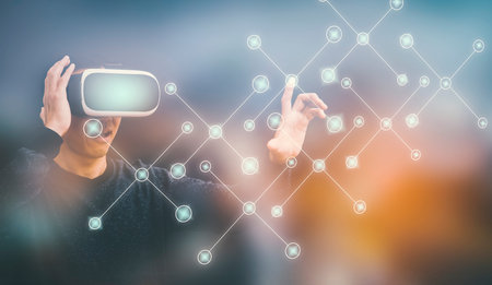 Businessman wearing virtual reality goggles VR and touch in graph Screen of a media screen on the...