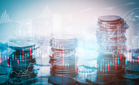 Saving Bank for Business Finance concept, coin and rows growth, Stock market or forex trading graph and candlestick chart suitable for financial investment money, currency exchange backgroundの写真素材