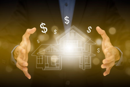 engineering and architecture drawings concept, Engineer man hold house on virtual screen of...