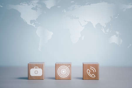 communication and technology concept , Hand putting wooden block cube symbol telephone, email, address. Website page contact us or e-mail marketing, Contact us in customer support conceptの写真素材