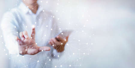 Businessman touchscreen on the graph Screen Icon of a media screen, Technology Process System Business with Communication and marketing concept, Team success, HR Human, Business money success.の写真素材