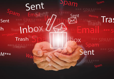 Email concept with laptop spam and virus computer monitor internet security concept, Businessman touch bin mail with a laptop. Spam, junk and e-marketing on screen, Spam Email Pop-up Warning.の写真素材