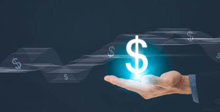 Concept of money and taxes payment optimisation business finance, Businessman holding money button on technology screen, income tax and property, background for business, individuals and corporations.の写真素材