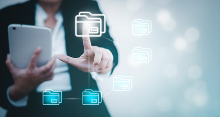 Businesswoman hand touch folder of document Management System,  online documentation database and...
