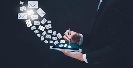 e-mail and marketing concept. Double exposure Businessman hand hold pen touch Email pressing for...