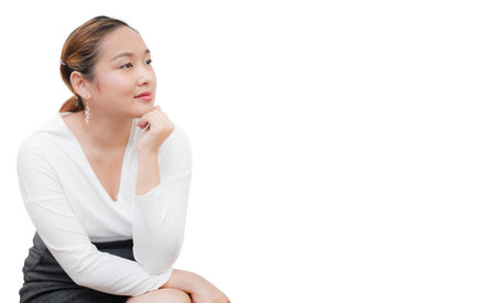 Asian woman sitting and thinking on the white background,business woman, Freelance,copy space