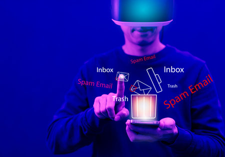 Man wearing VR glasses virtual with laptop spam and virus computer monitor internet security...
