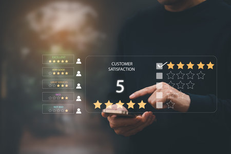 Man touch smartphone with Customer review satisfaction feedback survey concept, User give rating to...