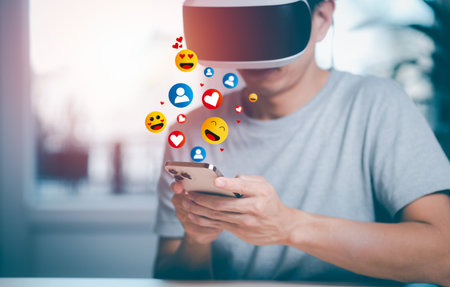 Man wearing VR glasses virtual hold smartphone and Social media and digital online concept, smart...