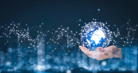 Hand touching global network and data exchanges over the world 3D rendering, Metaverse and digital...