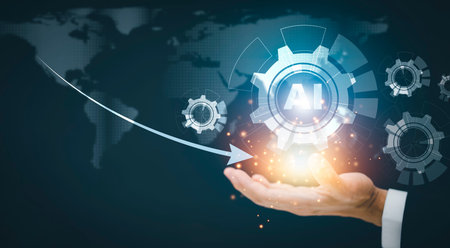 Businessman hold arrow with Artificial Intelligence (AI),on big data network machine learning and data on the dark background, artificial intelligence technology, innovation and futuristic.の写真素材