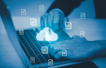 Hand using laptop with touch connect to data information on the Cloud Computing Technology Internet...