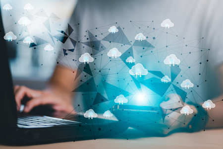 Hand using laptop with touch connect to data information on the Cloud Computing Technology Internet...