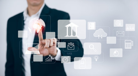 Businessman touchscreen on the graph Screen Icon of a media screen, Technology Process System...