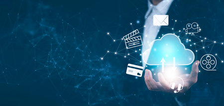 Man touching connect to data information on the Cloud Computing Technology Internet Storage Network Concept And a large database big data Through internet technology, Cloud sharing download and uploadの写真素材