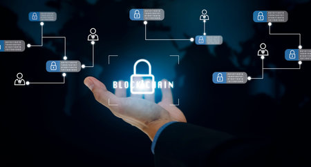 Hand holding keys icon with Blockchain technology on the black background, Blockchain technology...