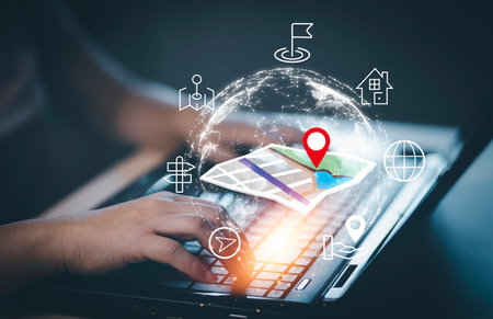 Tablet and navigation virtual world and model map with location point , GPS app, icon Travel maps...