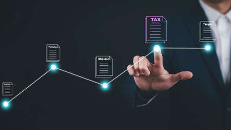 Businessman hand touch folder of document Management System,  online documentation database and process automation to efficiently manage files work, knowledge, Corporate business technology.の写真素材