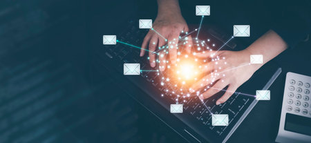 The email with the laptop, Businesswoman hand pressing the keyboard for sending the e-mail from the laptop computer, Concept of sending emails from your computer,の写真素材