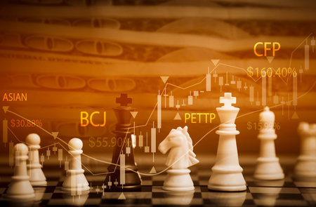 Business strategy competitive ideas concept, Chess game on chess board behind business background. Business present financial and marketing strategy analysis. Investment target in global economy .の写真素材