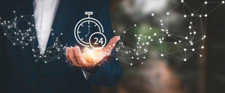 Clock 24h service and people icon Concept, Businessman hand holding clock and line people icon, time...
