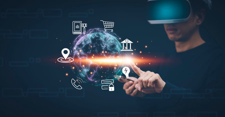 Man wearing VR glasses virtual Global Internet connection metaverse networking, sharing download and...