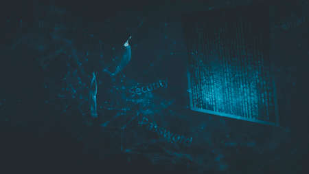 Man Hacker is using a hand typing keyboard and Screen code of a media screen on the White background,Technology Process System Business and hacks online concept, Copy spaceの写真素材