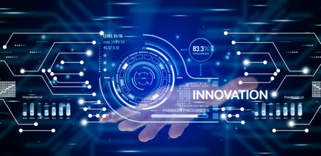 Innovation with Graphical User Interface Concept, businessman pointing on a virtual panoramic...