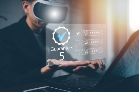 Man wearing VR glasses virtual with Customer review satisfaction feedback survey concept, User give...