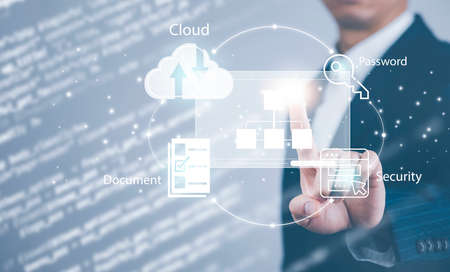 Businessman touch graph protection system cyber security, Cloud and folder, User, identification information security and encryption, secure access to user's personal information, secure Internet.の写真素材