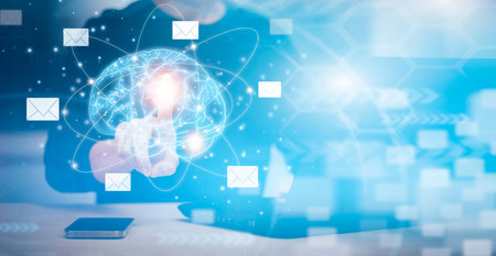 Brain with e-mail and marketing concept, Businessman touch brain 3 D with Email pressing for sending the e-mail from the laptop computer, Concept of sending emails from your computer, communication.の写真素材