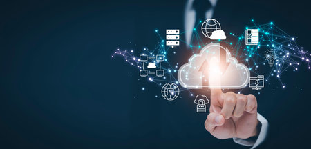 Man touching connect to data information on the Cloud Computing Technology Internet Storage Network...