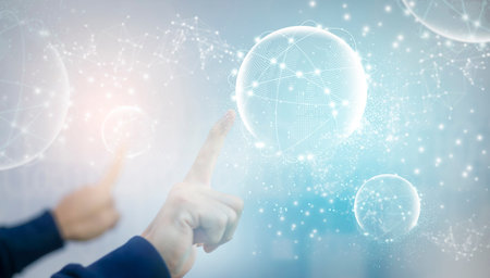 Hand touch virtual world line connections system and global data exchange. ,Business network...