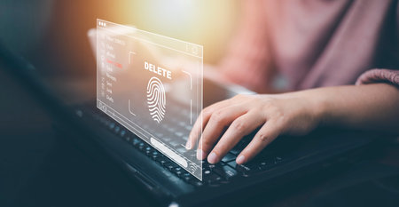 Email spam with laptop and virus internet security concept, woman touch scan fingerprint delete email spam with a laptop. Spam, junk and e-marketing on screen, Spam Email Pop-up Warning.の写真素材