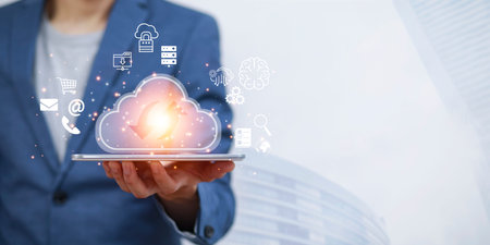 Businessman hand hold data information on the Cloud Computing Technology Internet Storage Network...