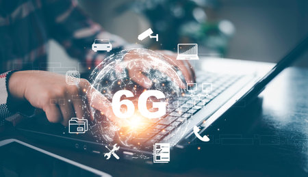 Global network connection 6G on hand woman.Global network connection 6G with icon concept,...