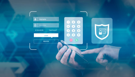 Hand hold Smartphone with virtual global with cyber security, Login, User, identification...