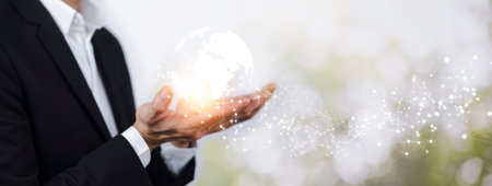 Concept Technology with line connects the world, Businessman holding hands with global connection on...