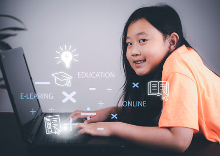 Asian teen using computer tablet with learning with doodle education and online e-learning on...