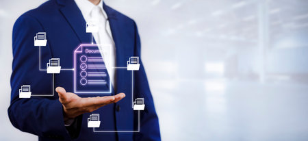 Businessman hand touch folder of document Management System,  online documentation database and process automation to efficiently manage files work, knowledge, Corporate business technology.の写真素材