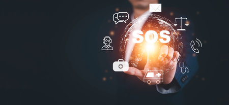 Man using pen with SOS Emergency app in home, call phone, Chat message icon, Emergency application from smartphone for elderly, technology concept.Old hand touch mobile phone and call for help.の写真素材