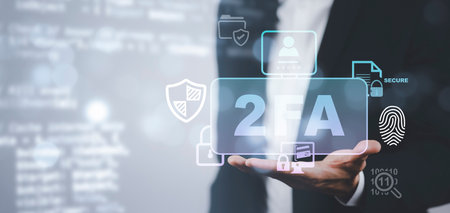 Businessman hold Cybersecurity privacy protect data. 2FA internet network security technology, Two Factor Authentication, Cyber Security privacy protect data, Protection hacked connections.の写真素材