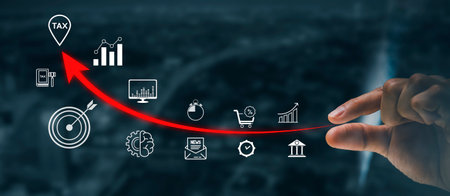 Business losses on the stock market chart concept, Business use pen touch line market chart and Red arrows fall to the ground, indicating the economic recession that will occur in 2022の写真素材