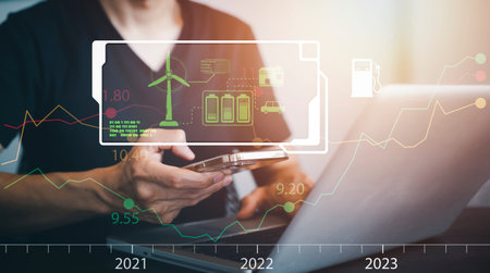 Oil energy graph of the world market, impact on the economy concept, Hand hold smartphone  with the...